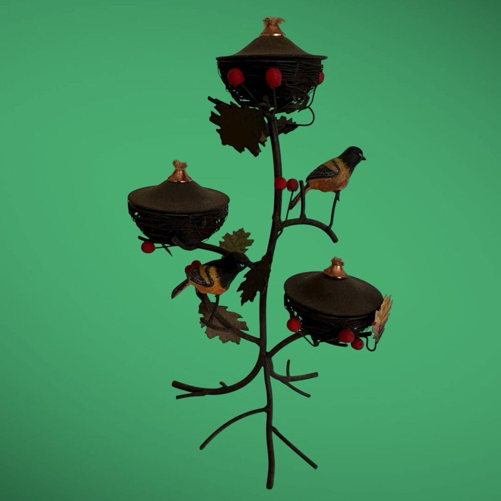 Wrought Iron Wire Bird Nest Oil Candle Lamp 3 Tiered Limbs Birds Fall Leaves